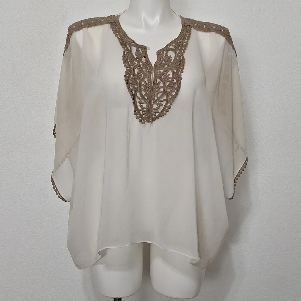 Bar lll Sheer Cream Taupe Bohemian Kimono Sleeve Boho Embroidered Hippie Top  XL